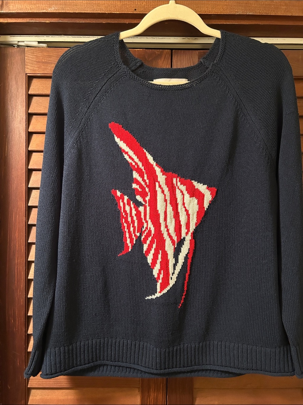 LOFT Navy Crewneck Sweater with Red and White Fish Motif